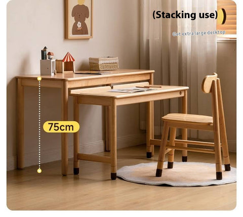 Beech Solid Wood Childrens Learning Desk Natural Finish Adjustable Height Writing Table for Kids