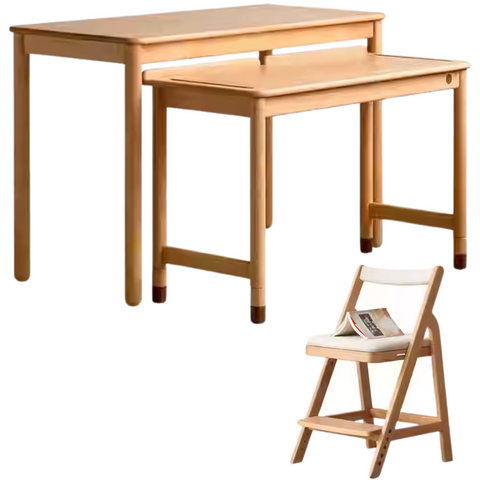 Beech Solid Wood Childrens Learning Desk Natural Finish Adjustable Height Writing Table for Kids