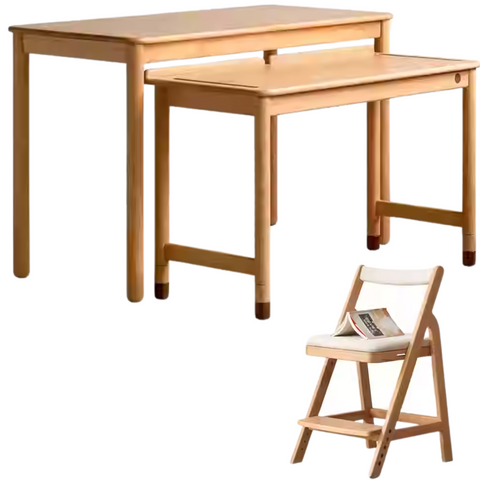Beech Solid Wood Childrens Learning Desk Natural Finish Adjustable Height Writing Table for Kids