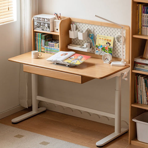 Beech Solid Wood Adjustable Kids Study Desk with Hand Crank Height Lift and Pegboard Shelf Natural Finish