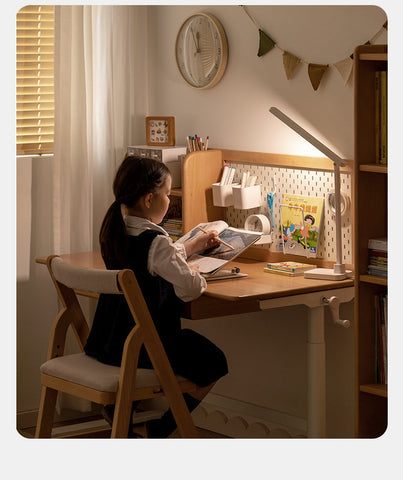 Beech Solid Wood Adjustable Kids Study Desk with Hand Crank Height Lift and Pegboard Shelf Natural Finish