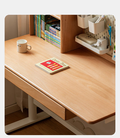Beech Solid Wood Adjustable Kids Study Desk with Hand Crank Height Lift and Pegboard Shelf Natural Finish