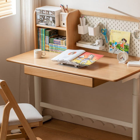 Beech Solid Wood Adjustable Kids Study Desk with Hand Crank Height Lift and Pegboard Shelf Natural Finish