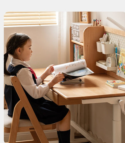 Beech Solid Wood Adjustable Kids Study Desk with Hand Crank Height Lift and Pegboard Shelf Natural Finish