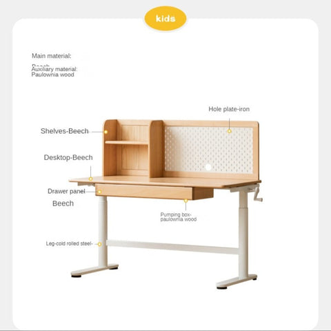 Beech Solid Wood Adjustable Kids Study Desk with Hand Crank Height Lift and Pegboard Shelf Natural Finish