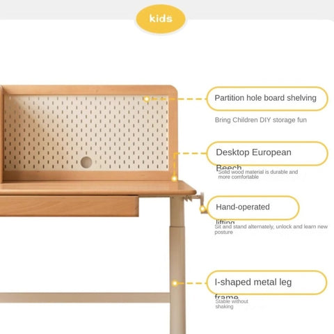 Beech Solid Wood Adjustable Kids Study Desk with Hand Crank Height Lift and Pegboard Shelf Natural Finish
