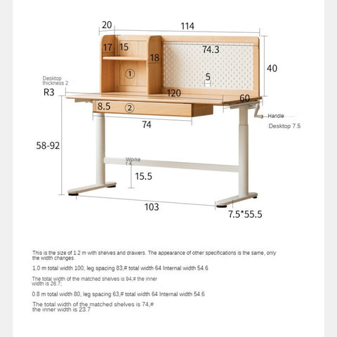 Beech Solid Wood Adjustable Kids Study Desk with Hand Crank Height Lift and Pegboard Shelf Natural Finish