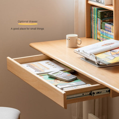 Beech Solid Wood Adjustable Kids Study Desk with Hand Crank Height Lift and Pegboard Shelf Natural Finish