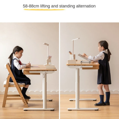 Beech Solid Wood Adjustable Kids Study Desk with Hand Crank Height Lift and Pegboard Shelf Natural Finish