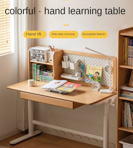 Beech Solid Wood Adjustable Kids Study Desk with Hand Crank Height Lift and Pegboard Shelf Natural Finish