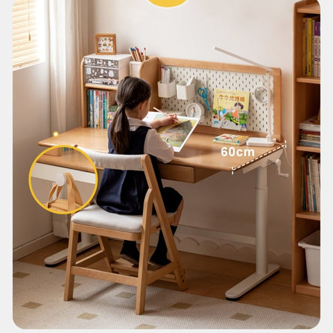 Beech Solid Wood Adjustable Kids Study Desk with Hand Crank Height Lift and Pegboard Shelf Natural Finish