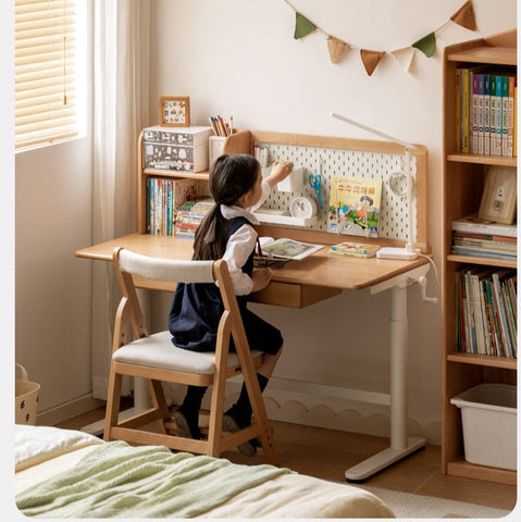 Beech Solid Wood Adjustable Kids Study Desk with Hand Crank Height Lift and Pegboard Shelf Natural Finish