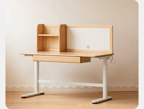 Beech Solid Wood Adjustable Kids Study Desk with Hand Crank Height Lift and Pegboard Shelf Natural Finish