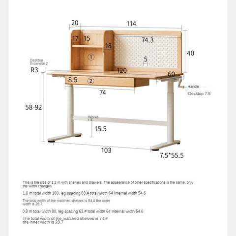 Beech Solid Wood Adjustable Kids Study Desk with Hand Crank Height Lift and Pegboard Shelf Natural Finish