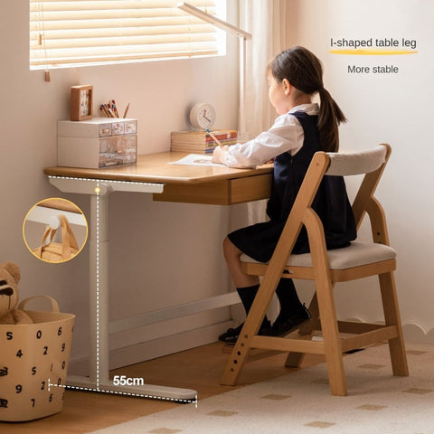 Beech Solid Wood Adjustable Kids Study Desk with Hand Crank Height Lift and Pegboard Shelf Natural Finish