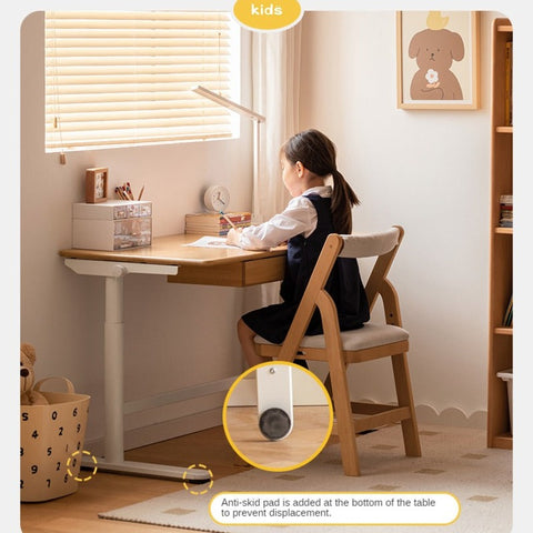 Beech Solid Wood Adjustable Kids Study Desk with Hand Crank Height Lift and Pegboard Shelf Natural Finish