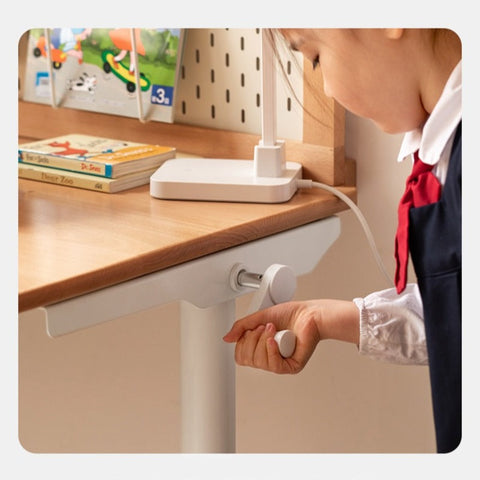 Beech Solid Wood Adjustable Kids Study Desk with Hand Crank Height Lift and Pegboard Shelf Natural Finish