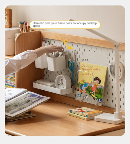 Beech Solid Wood Adjustable Kids Study Desk with Hand Crank Height Lift and Pegboard Shelf Natural Finish