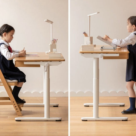 Beech Solid Wood Adjustable Kids Study Desk with Hand Crank Height Lift and Pegboard Shelf Natural Finish