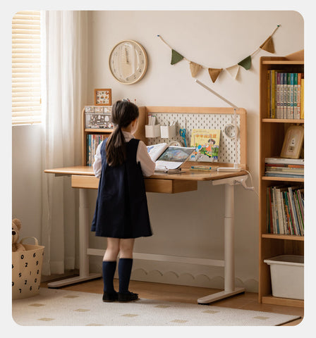 Beech Solid Wood Adjustable Kids Study Desk with Hand Crank Height Lift and Pegboard Shelf Natural Finish