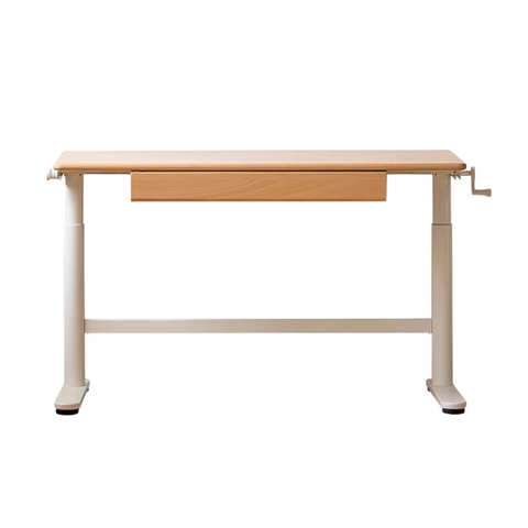 Beech Solid Wood Adjustable Kids Study Desk with Hand Crank Height Lift and Pegboard Shelf Natural Finish