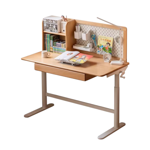 Beech Solid Wood Adjustable Kids Study Desk with Hand Crank Height Lift and Pegboard Shelf Natural Finish