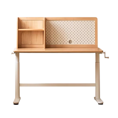 Beech Solid Wood Adjustable Kids Study Desk with Hand Crank Height Lift and Pegboard Shelf Natural Finish