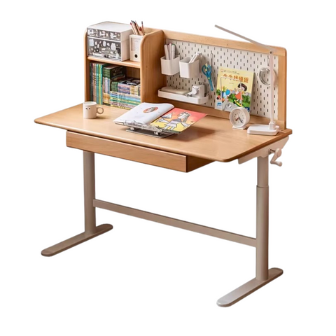 Beech Solid Wood Adjustable Kids Study Desk with Hand Crank Height Lift and Pegboard Shelf Natural Finish