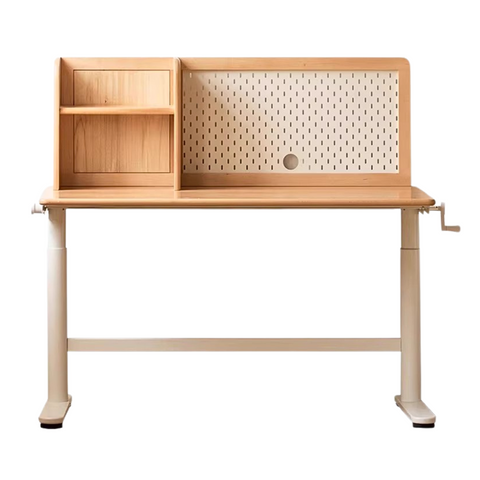 Beech Solid Wood Adjustable Kids Study Desk with Hand Crank Height Lift and Pegboard Shelf Natural Finish
