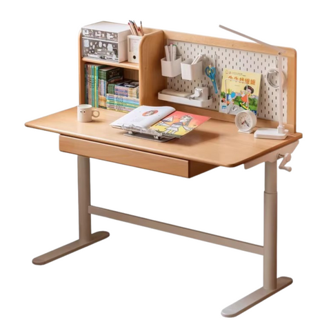 Beech Solid Wood Adjustable Kids Study Desk with Hand Crank Height Lift and Pegboard Shelf Natural Finish