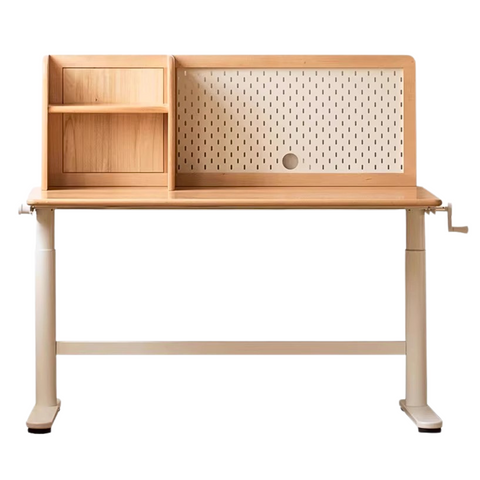 Beech Solid Wood Adjustable Kids Study Desk with Hand Crank Height Lift and Pegboard Shelf Natural Finish