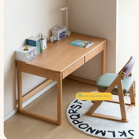 Beech Solid Wood Childrens Desk Natural Finish with Double Drawers for Study & Writing