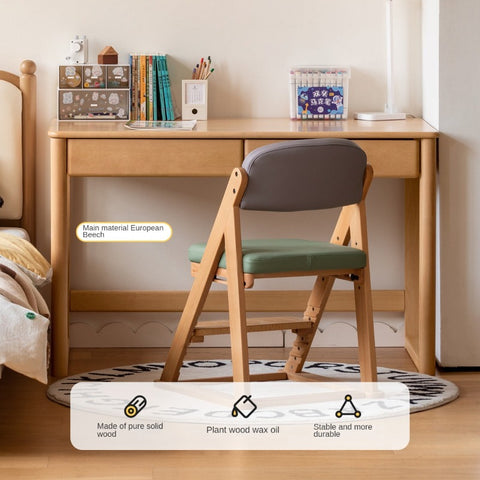 Beech Solid Wood Childrens Desk Natural Finish with Double Drawers for Study & Writing