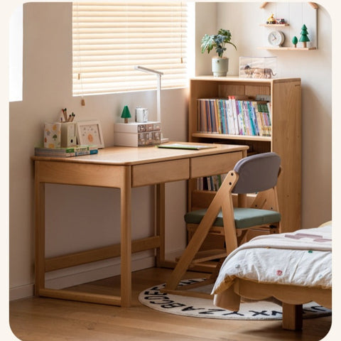Beech Solid Wood Childrens Desk Natural Finish with Double Drawers for Study & Writing