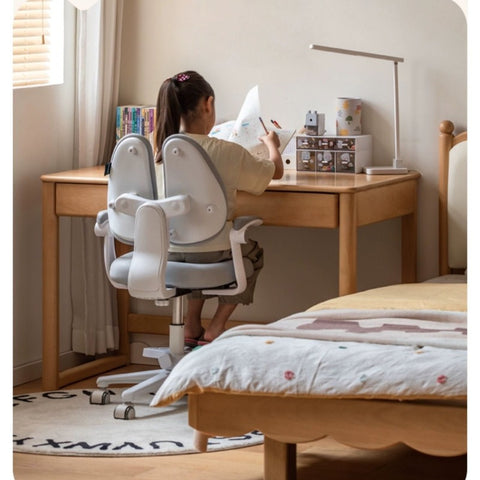 Beech Solid Wood Childrens Desk Natural Finish with Double Drawers for Study & Writing