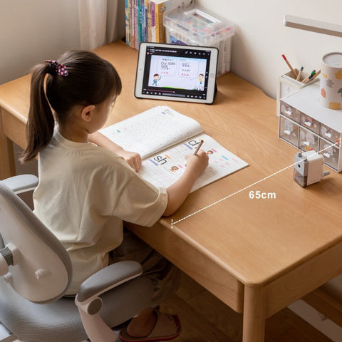 Beech Solid Wood Childrens Desk Natural Finish with Double Drawers for Study & Writing