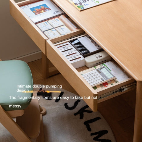 Beech Solid Wood Childrens Desk Natural Finish with Double Drawers for Study & Writing