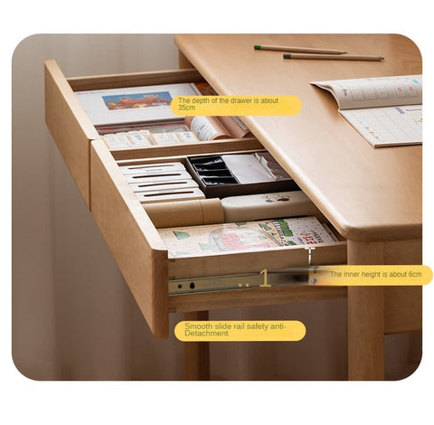 Beech Solid Wood Childrens Desk Natural Finish with Double Drawers for Study & Writing
