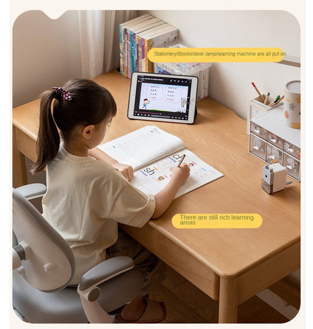 Beech Solid Wood Childrens Desk Natural Finish with Double Drawers for Study & Writing