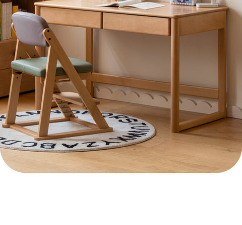 Beech Solid Wood Childrens Desk Natural Finish with Double Drawers for Study & Writing