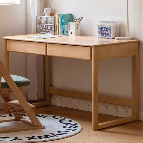 Beech Solid Wood Childrens Desk Natural Finish with Double Drawers for Study & Writing