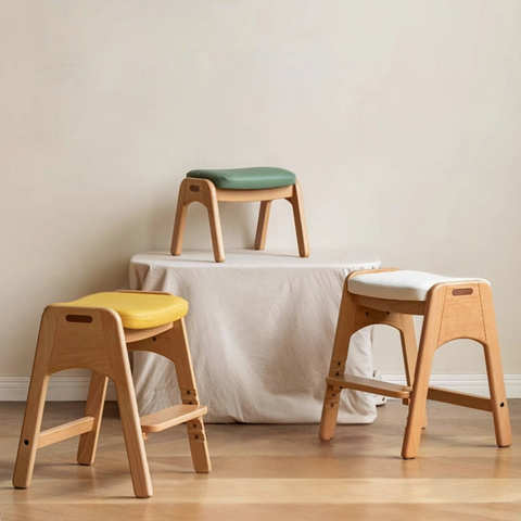 Beech Solid Wood Adjustable Children Study Chair with Leather Seat & Stackable Design in Olive Green Milky White Lemon Yellow