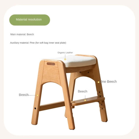 Beech Solid Wood Adjustable Children Study Chair with Leather Seat & Stackable Design in Olive Green Milky White Lemon Yellow