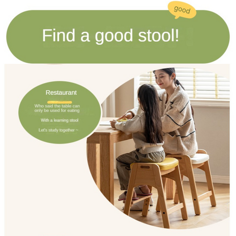 Beech Solid Wood Adjustable Children Study Chair with Leather Seat & Stackable Design in Olive Green Milky White Lemon Yellow