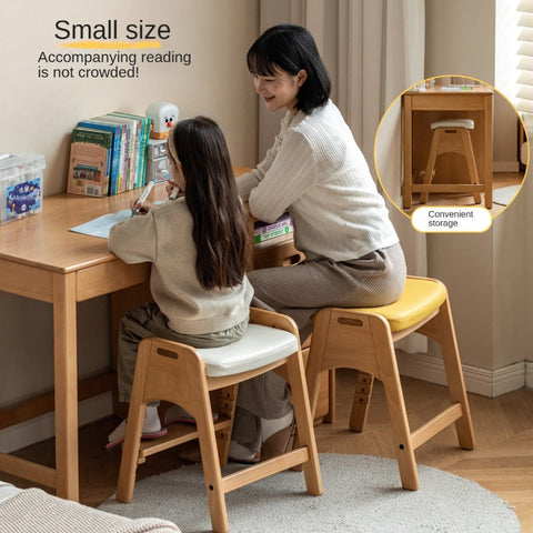 Beech Solid Wood Adjustable Children Study Chair with Leather Seat & Stackable Design in Olive Green Milky White Lemon Yellow