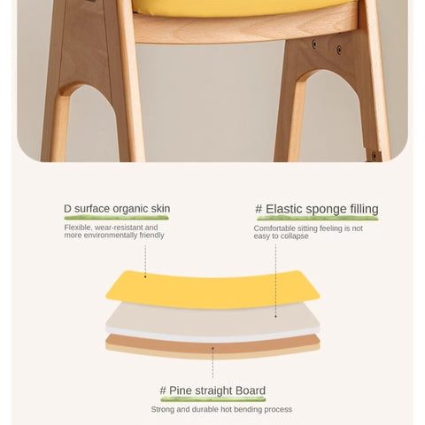 Beech Solid Wood Adjustable Children Study Chair with Leather Seat & Stackable Design in Olive Green Milky White Lemon Yellow