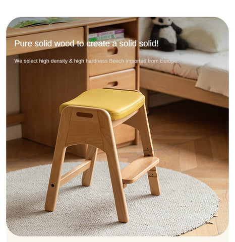 Beech Solid Wood Adjustable Children Study Chair with Leather Seat & Stackable Design in Olive Green Milky White Lemon Yellow