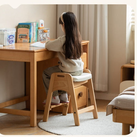 Beech Solid Wood Adjustable Children Study Chair with Leather Seat & Stackable Design in Olive Green Milky White Lemon Yellow