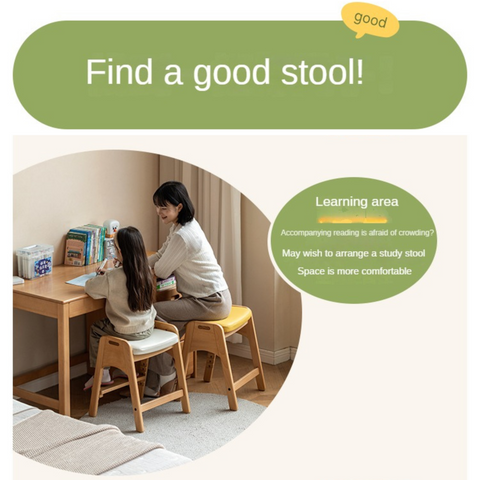 Beech Solid Wood Adjustable Children Study Chair with Leather Seat & Stackable Design in Olive Green Milky White Lemon Yellow