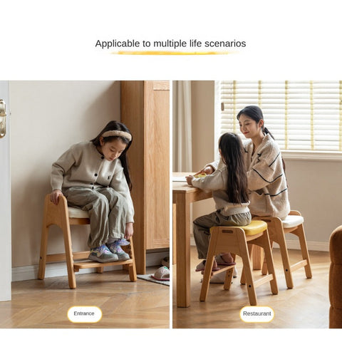 Beech Solid Wood Adjustable Children Study Chair with Leather Seat & Stackable Design in Olive Green Milky White Lemon Yellow